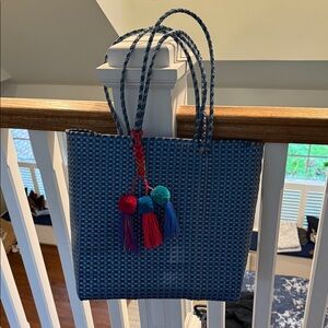 Chic Blue Woven Tote with Tassel Accents